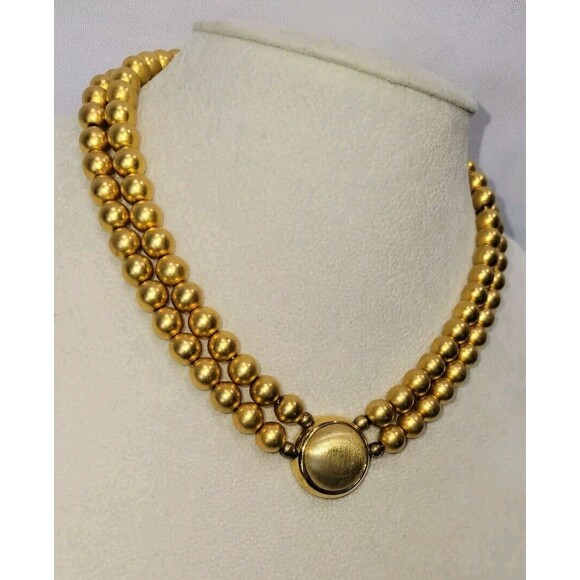 VTG LCI  Liz Claiborne 1980s Necklace Matte Gold Toned Beaded W/ Center Cabachon - Picture 3 of 9